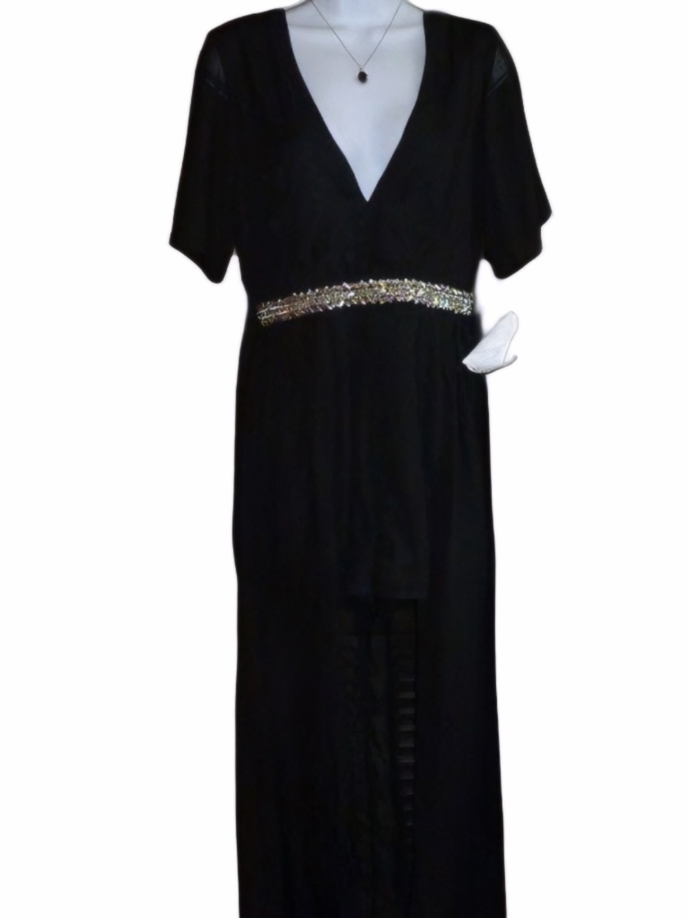 Crystal Doll Maxi Romper Black Chiffon Overlay, Jeweled Waist, Deep V-Neck, Sz 7